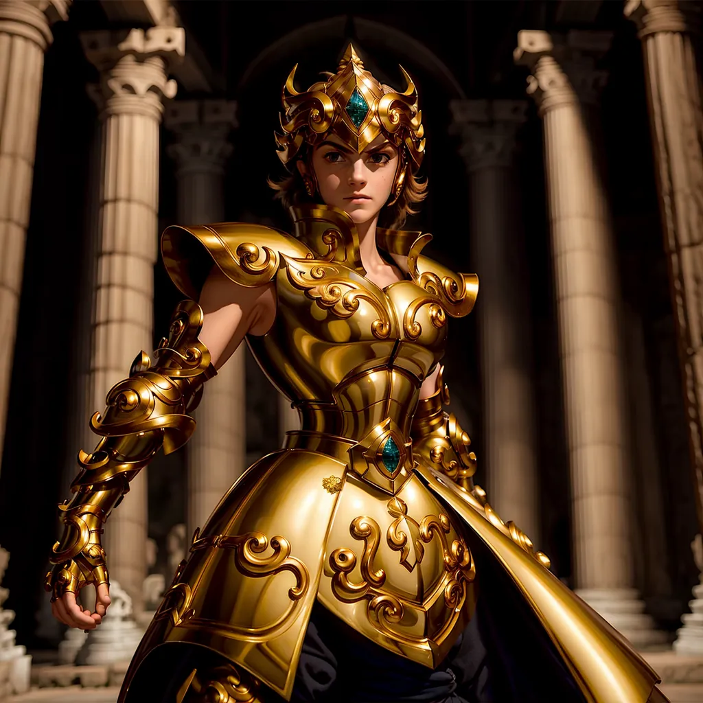 The image shows a young woman standing in a determined pose. She is wearing a golden armor with green gems on her chest, shoulders, and head. She has a confident expression on her face and her eyes are narrowed in concentration. The background is a blur of stone columns, suggesting that she is in a temple or other sacred place.