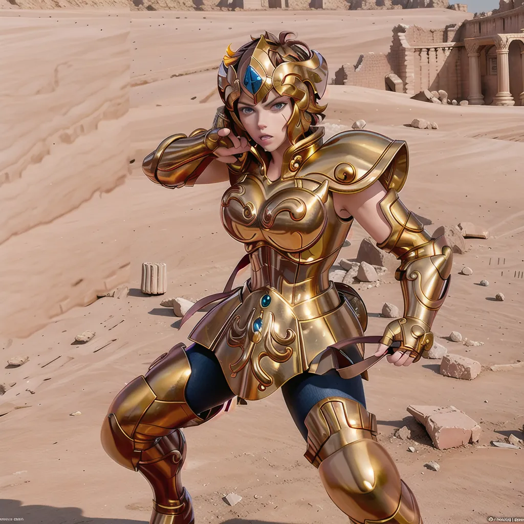 The image shows a female warrior standing in a desert. She is wearing a golden armor and a helmet with a lion's head on it. She has a determined expression on her face and is ready to fight. In the background, there are ruins of a building.