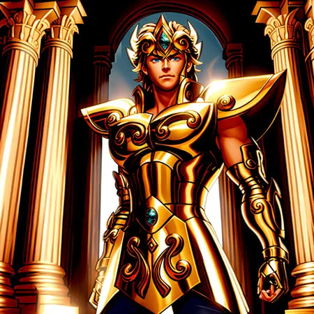 The image shows a young man with long blond hair and blue eyes. He is wearing a golden armor with a green gem on his forehead. He is standing in a temple with white marble columns. The background is a gradient of light blue and white.