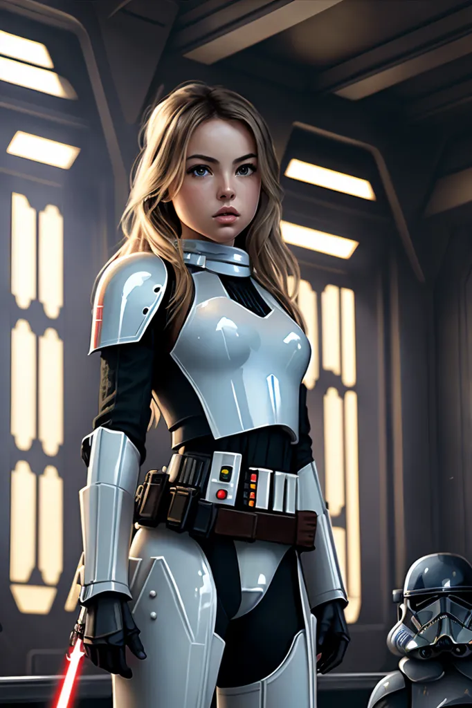 This is an image of a young woman dressed in a white and gray armored suit. She has long blond hair and blue eyes. She is standing in what appears to be a spaceship or other futuristic setting. There is a red lightsaber in her right hand. A stormtrooper helmet is sitting on the floor to her right.