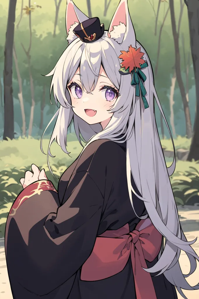 The image is a portrait of a young woman with long white hair and purple eyes. She is wearing a black kimono with a red obi and a black hat with a red band. She has cat ears and a tail. She is standing in a forest and is smiling at the viewer.