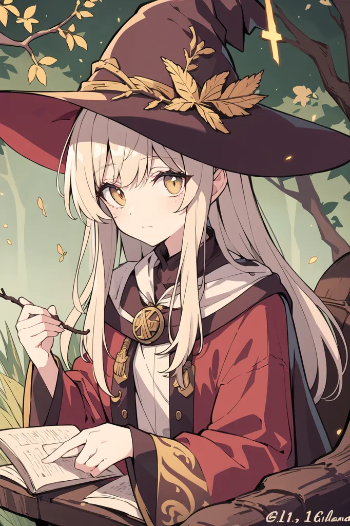 The image is of a young girl with long white hair and yellow eyes. She is wearing a brown witch hat with a red cape. The hat is decorated with a gold buckle and a few leaves. She is holding a book which she seems to be reading. She is standing in a forest and there are trees and leaves all around her.