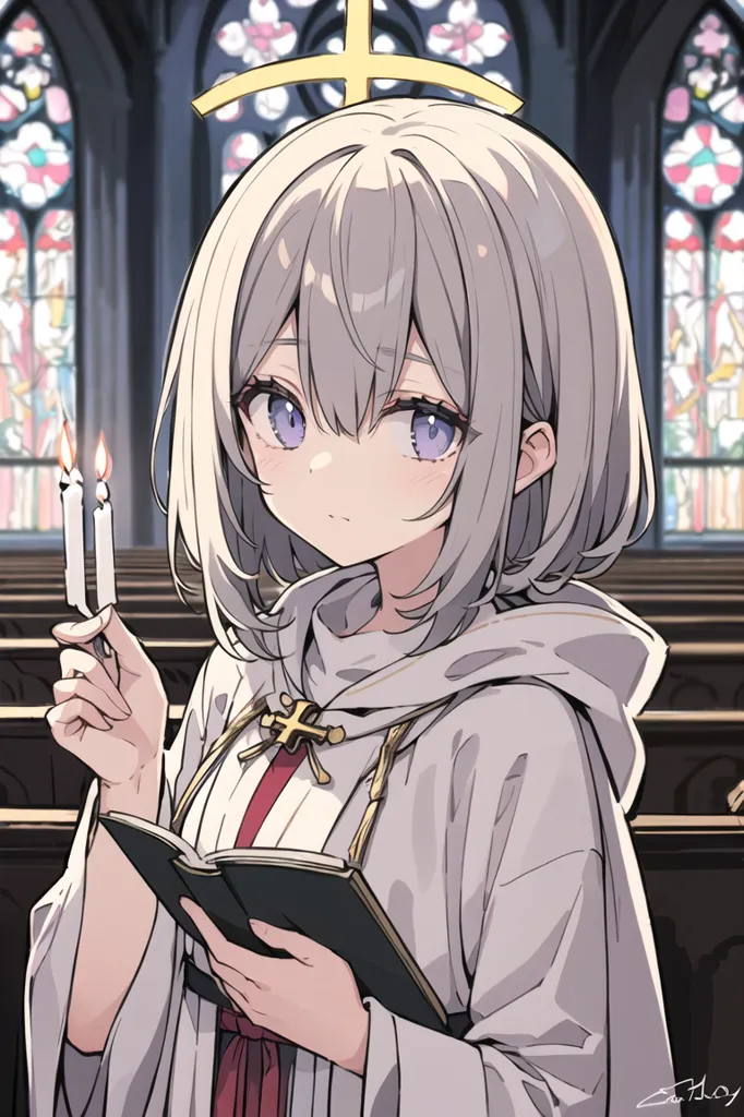 The image depicts a young girl with short white hair and purple eyes. She is wearing a white and red cassock with a white surplice. The girl is standing in a church, and she is holding a book and two candles. There are stained glass windows in the background.