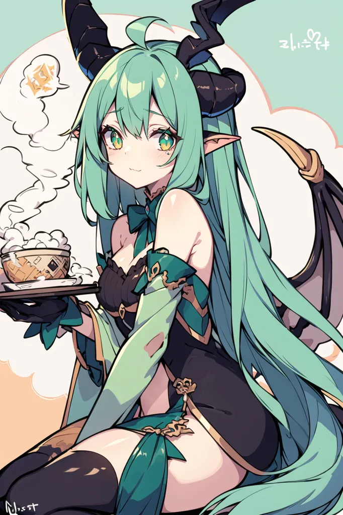 The image shows a green-haired anime girl with horns. She is wearing a black and green dress with a white apron. She is carrying a plate of food. She has a gentle smile on her face. She is sitting on a cloud.