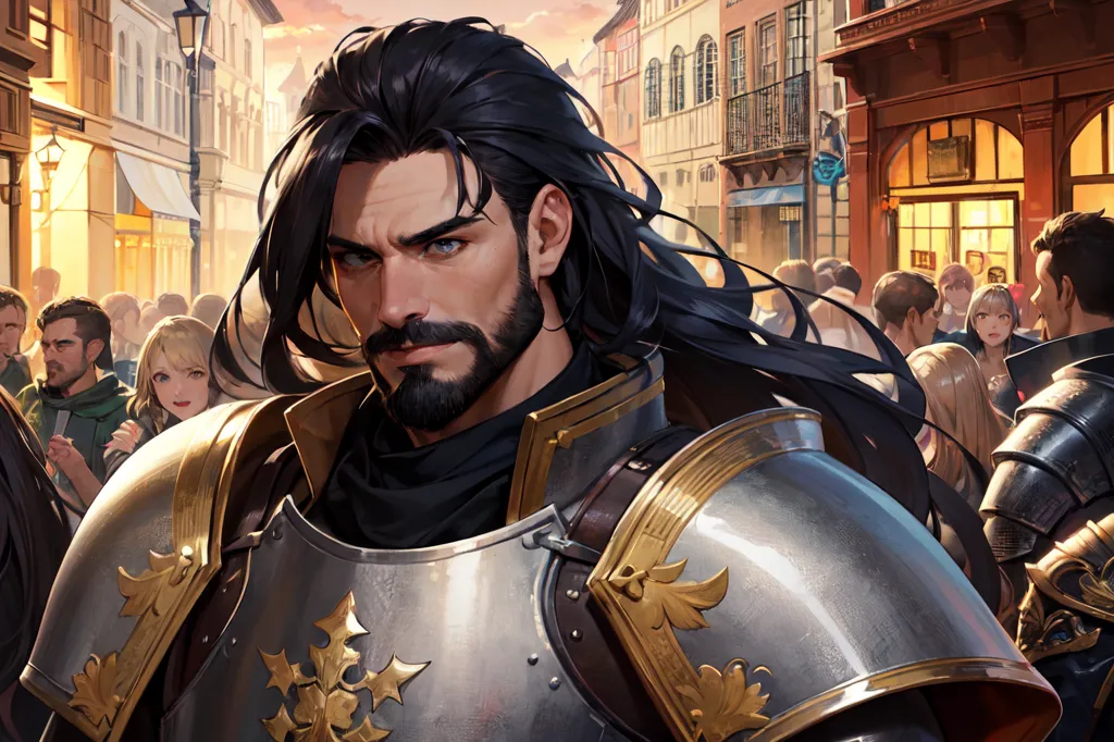 This is a picture of a man with long black hair and a beard. He is wearing a suit of armor and has a sword on his hip. He looks like a knight or a soldier. There are people in the background, and it looks like he is in a town or city. The people in the background are wearing medieval-style clothing.