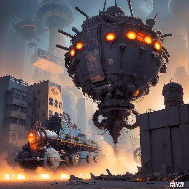 The image is a steampunk city. There is a large flying machine in the center of the image. It is round and has a lot of portholes. There are also some smaller flying machines in the image. The city is made up of tall buildings and there are a lot of people walking around. The image is very detailed and you can see a lot of interesting things in it.