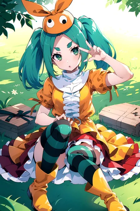 The image is an anime-style drawing of a girl with green hair and orange eyes. She is wearing an orange and white dress with a yellow hat that has orange rabbit ears. She is sitting on the grass and has a peace sign with her right hand. There are two boxes behind her.