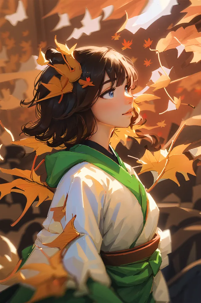 The picture shows a young woman in a white kimono with green accents. She has brown hair with green and yellow leaves in it. The woman is standing in a forest, and there are many fallen leaves around her. She is looking to the right of the frame, which is mostly filled with leaves of various shades of yellow and orange.