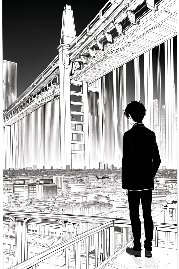 A boy in a suit is standing on a rooftop, looking out at a ruined city. The city is full of tall buildings, but they are all in ruins. The boy is alone, and he looks sad. The image is in black and white, and it has a very dark and lonely atmosphere.