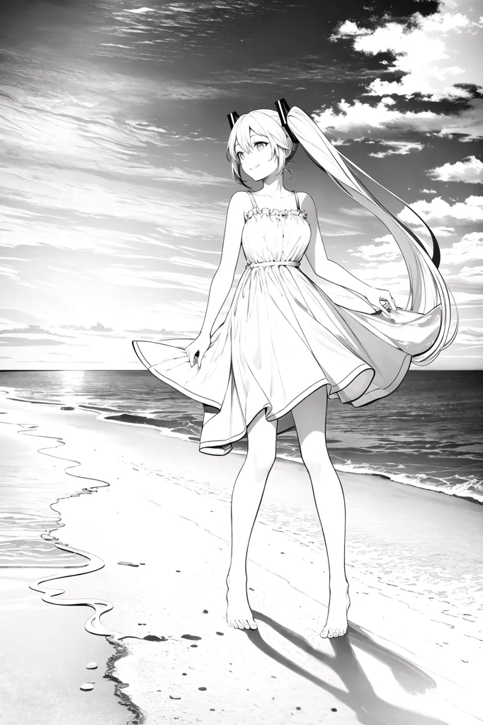 The image is a black and white illustration of a young woman standing on a beach. She is wearing a light dress and her long hair is blowing in the wind. The woman is looking at the ocean and smiling. The background of the image is a beach with the ocean in the distance. The image is drawn in a realistic style and the woman is depicted in a way that is both beautiful and innocent.