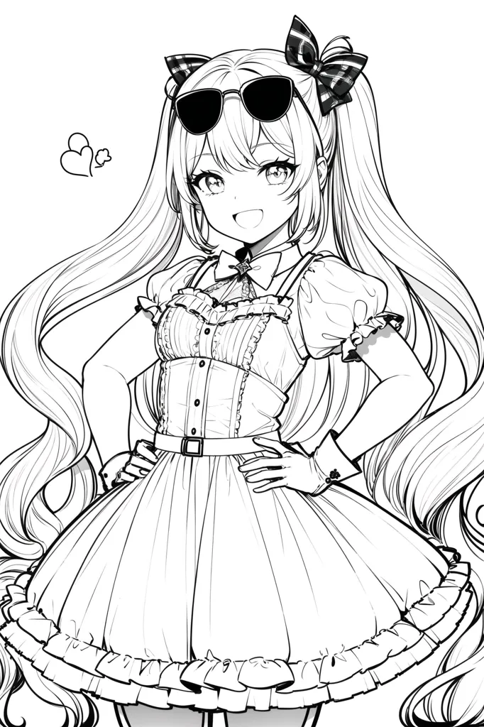 The image is a line drawing of a young girl with long, flowing hair. She is wearing a dress with a pleated skirt and a bow at the waist. She has a pair of sunglasses on top of her head and a small, heart-shaped ahoge sticking out from the top of her head. She has a bright smile on her face and is standing with her hands on her hips.