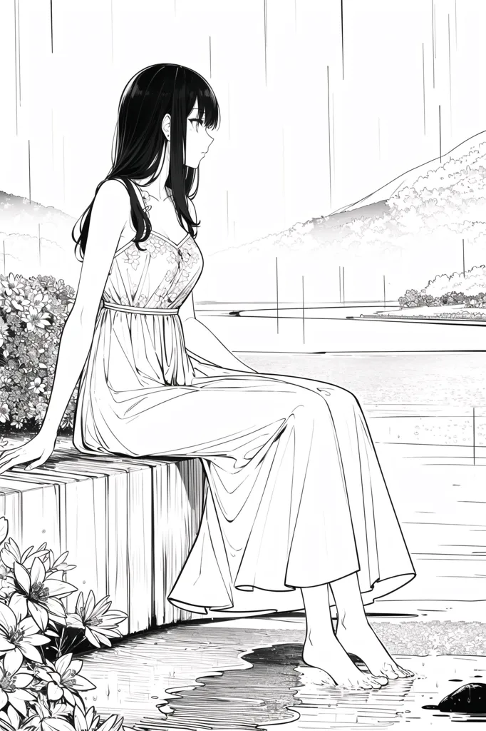 A girl is sitting on a wooden dock with her feet in the water. She is wearing a long, loose dress and has long, dark hair. The background is a lake with mountains in the distance. It is raining lightly.