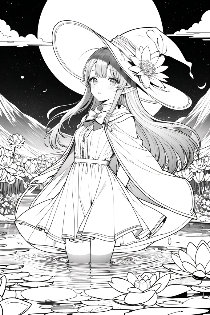 The picture shows a girl wearing a witch hat and a long dress standing in a pond. There are lotus flowers in the water and on the shore. There is a full moon in the sky and mountains in the distance. The girl has long hair and pointed ears. She is looking at the viewer with a shy expression.