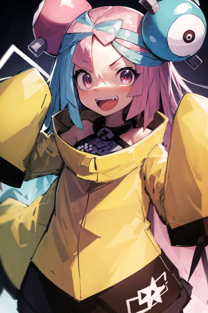 The image is of a young girl with pink and blue hair. She is wearing a yellow jacket and has a large smile on her face. She has two small creatures on her head, one pink and one blue. The background is dark with some light blue and white lines.