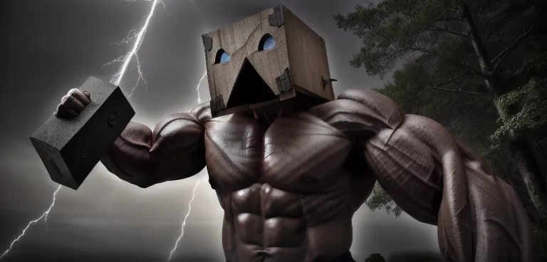 The image shows a muscular man with dark skin and a wooden box for a head. He is wearing a pair of shorts and is holding a large hammer in his right hand. The background is a dark forest with lightning in the sky. The man is standing in a powerful pose, and his muscles are flexed. He has a determined look on his face, and it is clear that he is ready for a fight.