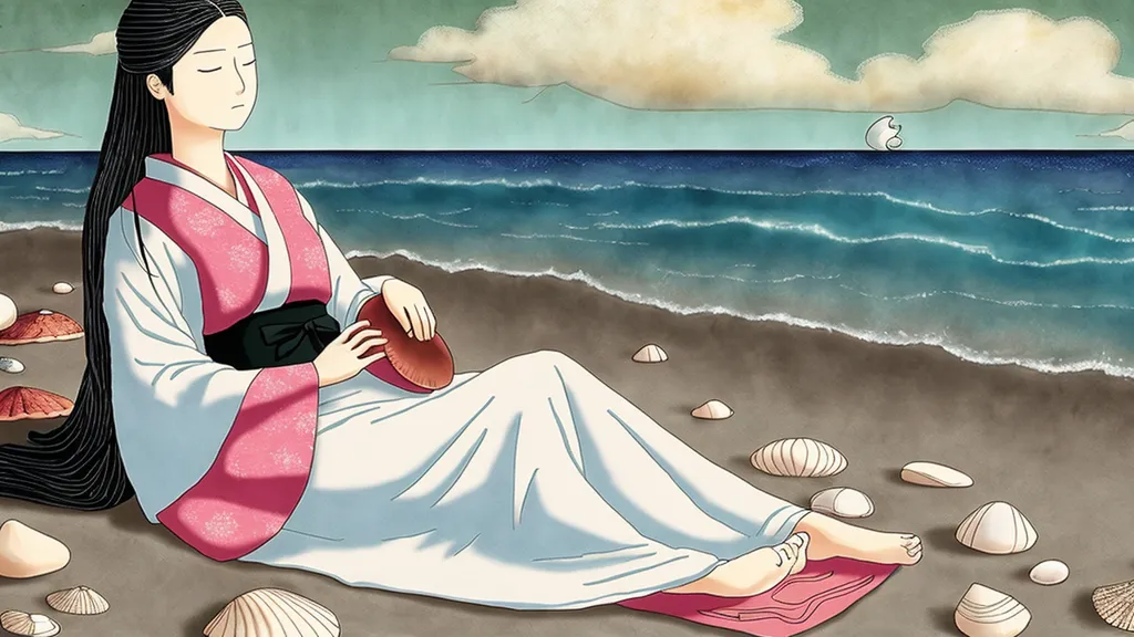 This image shows a Japanese woman in a kimono sitting on a beach. She is holding a shell in her hands. The background of the image is a seascape with a blue sea and a white beach. The sky is cloudy. The woman is wearing a white kimono with a pink sash. She has long black hair and is barefoot. She is sitting on a pink towel. There are seashells scattered around her. The image is peaceful and serene.