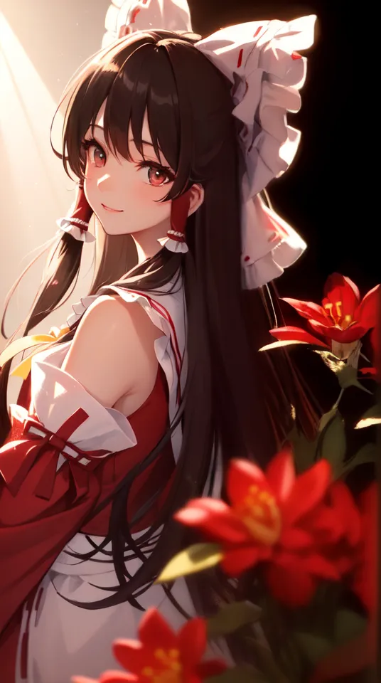 The image is a portrait of a young woman with long, dark brown hair and red eyes. She is wearing a red and white kimono with a large red bow in her hair. She is standing in front of a white background with red flowers. The image is drawn in a realistic style and the woman's expression is soft and serene.