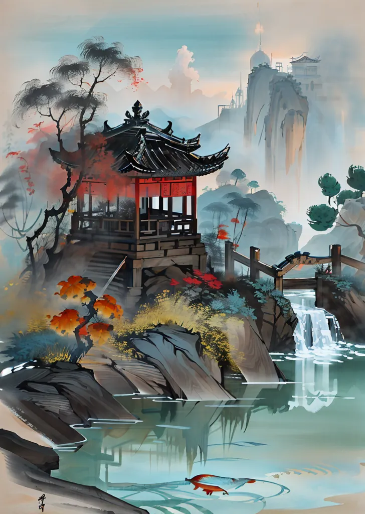 The image is a beautiful landscape painting in a traditional Chinese style. It depicts a pavilion on a rocky outcrop in a lake. The pavilion is surrounded by trees and shrubs, and there is a small waterfall in the background. The water in the lake is green and still. The sky is blue and there are some clouds in the distance. The painting is done in muted colors and has a very peaceful and serene atmosphere.