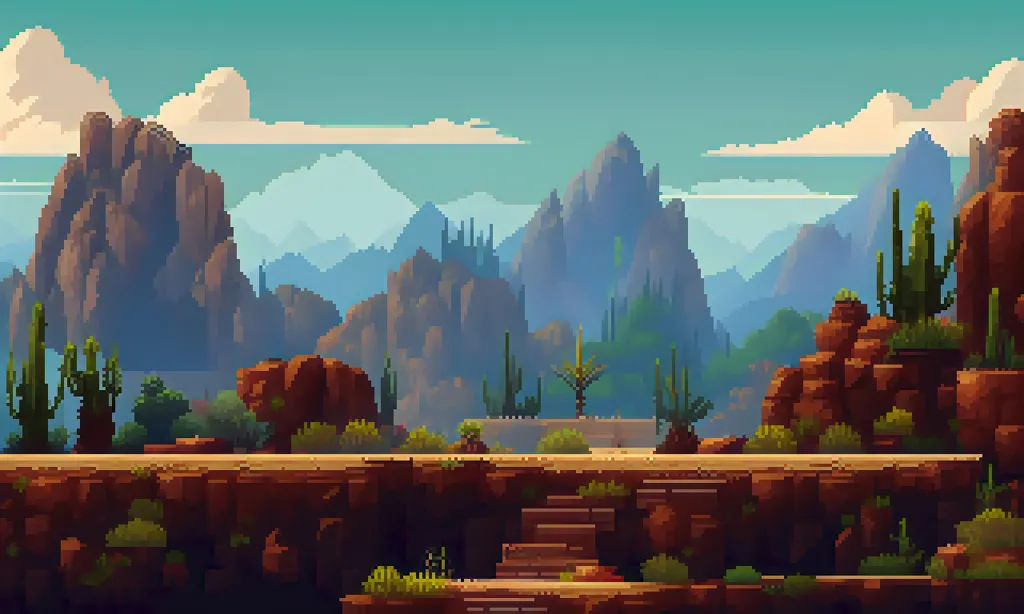 This is a pixel art image of a desert landscape. The background is filled with large, rocky mountains in various shades of brown. There are also some clouds in the sky. The foreground shows a portion of the desert floor, which is covered in sand and small rocks. There are also some cacti and other plants growing in the foreground. On the left side of the image, there is a set of stairs leading up to a higher level of the desert floor.