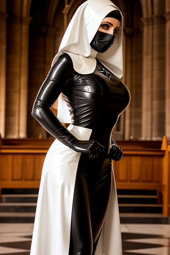 The image shows a woman dressed in a nun's habit. She is wearing a black and white latex nun's habit with a white wimple and a black veil. The habit is very tight and revealing, and the woman's figure is on full display. She is also wearing a pair of black gloves and a black mask. The mask covers her mouth and nose, and only her eyes are visible. The woman is standing in a church, and there are pews and columns in the background.