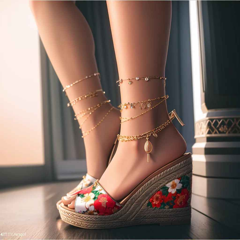 A woman is wearing a pair of floral wedges with multiple gold anklets on her right foot and one on her left foot. The anklets are made of different chain types and have various small charms attached to them.