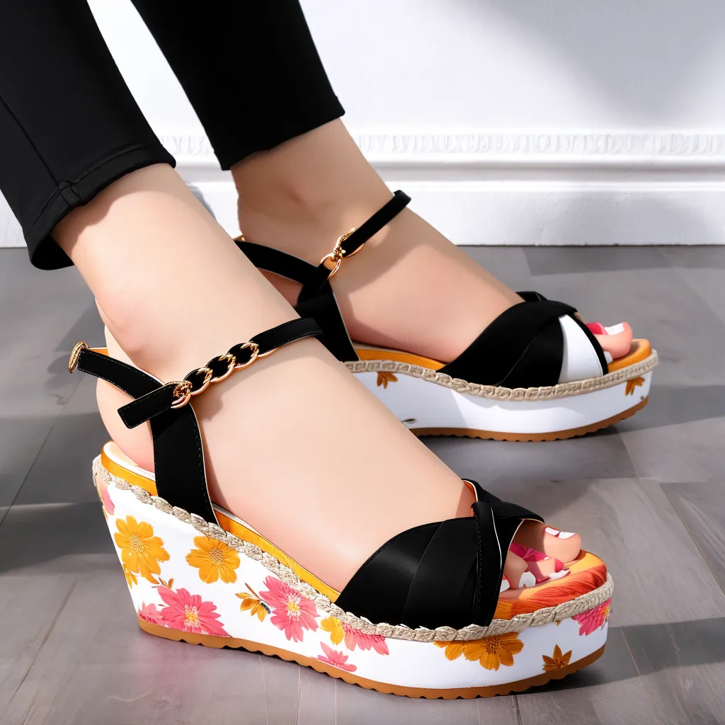 The image shows a pair of women's wedge sandals. The sandals are black with a floral pattern on the wedge heel and white platform. The sandals have an ankle strap with a gold buckle. The model is wearing black pants and the sandals are shown from the side.