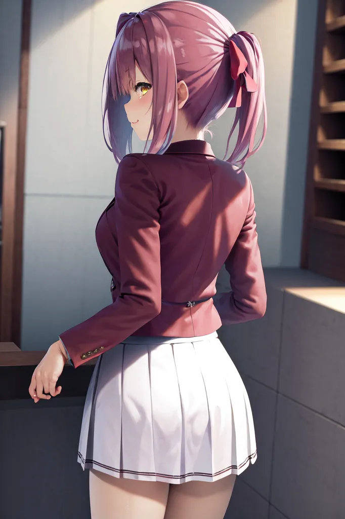 The image shows a young woman with pink hair tied in a ponytail. She is wearing a white pleated skirt and a maroon blazer. The light is shining on her hair, making it look shiny and smooth. She has a gentle smile on her face and is looking to the left.