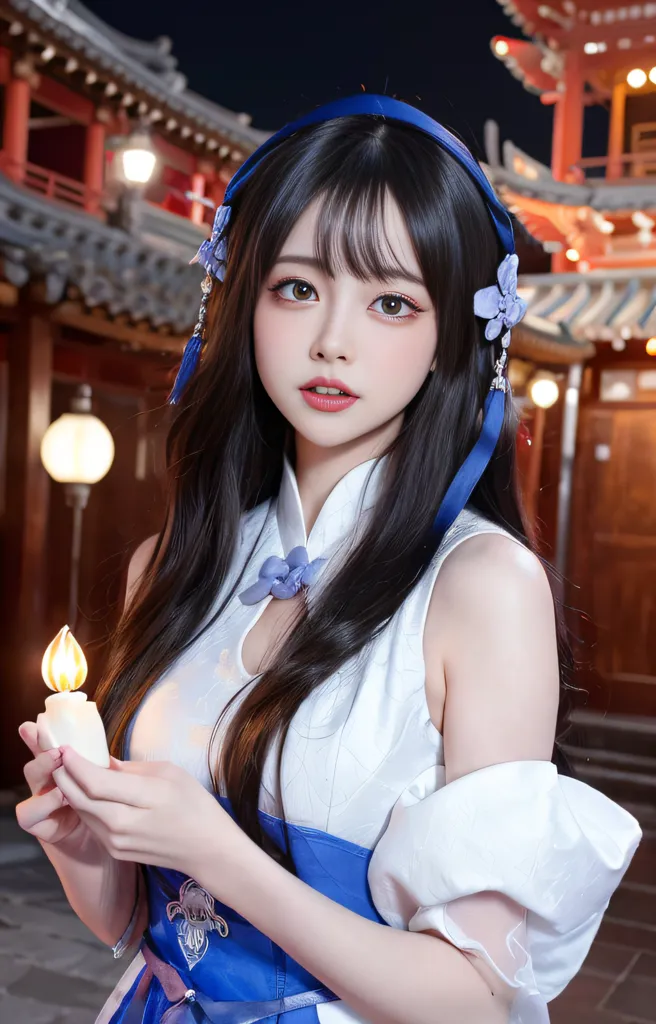 The image shows a young woman in a white and blue cheongsam-style dress with a blue ribbon in her hair. She is holding a candle in her hands. The background is a blurred image of a traditional Chinese courtyard.