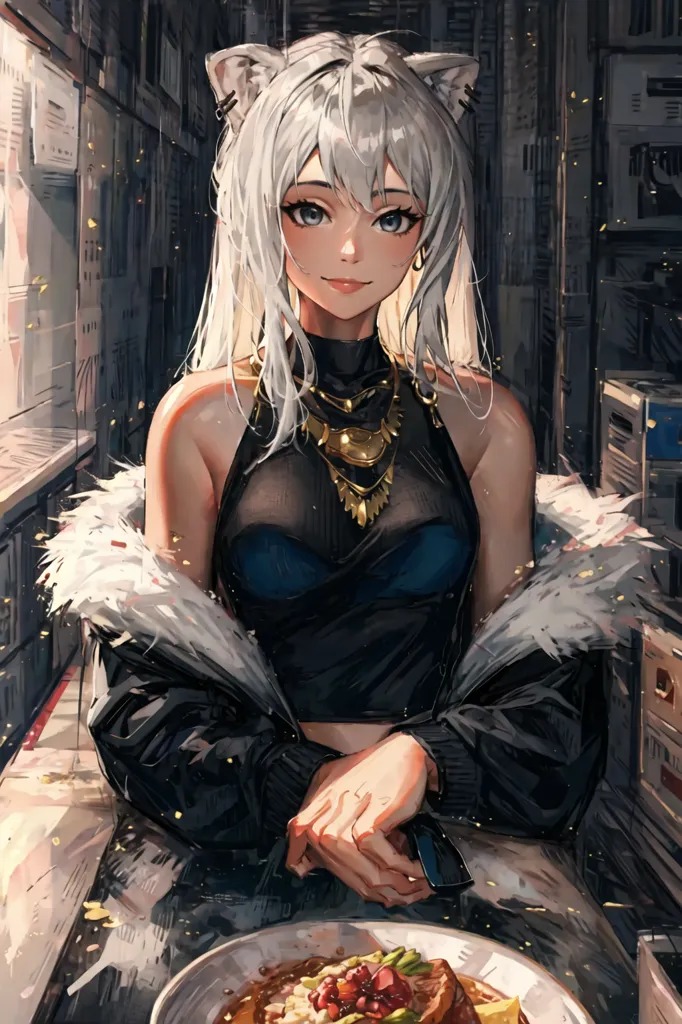 The image is a painting of a beautiful anime girl with white hair and blue eyes. She is wearing a black crop top and a black skirt. She has a white fur coat draped around her shoulders. She is sitting at a table with a plate of food in front of her. The background is a blur of shelves and boxes.