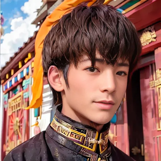 The image shows a young man with short brown hair and brown eyes. He is wearing a black and gold robe with a white collar and a red sash. The background is a blurred image of a traditional Chinese courtyard with red walls and yellow roofs.