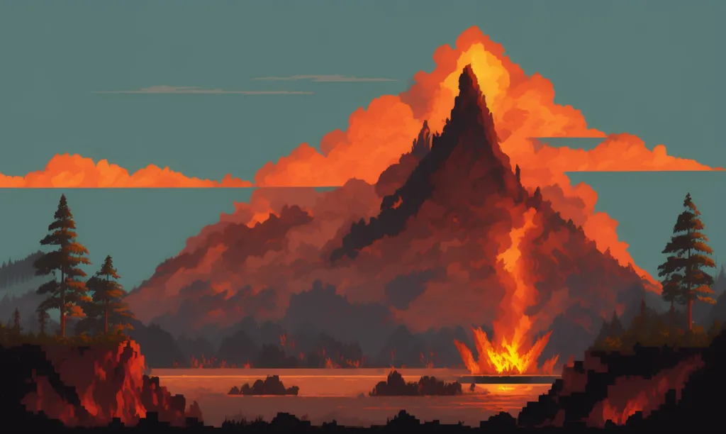 The image is a pixelated landscape of a volcano. The volcano is in the center of the image and is erupting, with lava flowing down its sides. The sky is orange and the ground is brown. There are two large clouds on either side of the volcano and two mountains in the background. There are also some trees in the foreground.