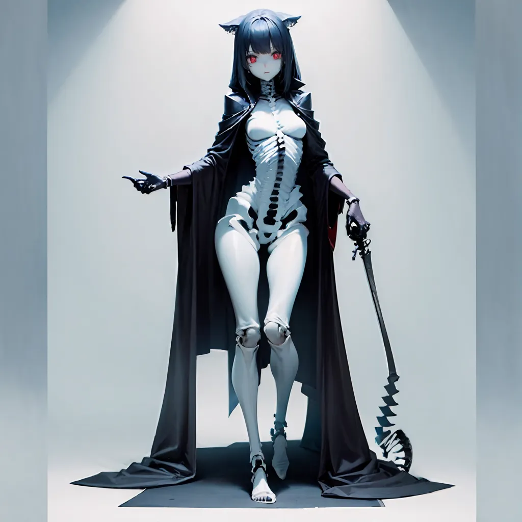 The image is of a pale, slender woman with long black hair and red eyes. She is wearing a black bodysuit with a white skeleton-like design on the front. She also has a black cape and a pair of cat ears. She is standing in a spotlight, and there is a large sword propped against her right leg.