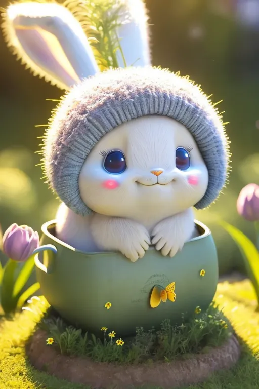 L'image montre un lapin de dessin animé mignon portant un chapeau bleu. Le lapin est assis dans une tasse de thé verte et a un sourire timide sur son visage. La tasse de thé est posée sur un lit d'herbe verte. Il y a aussi quelques petites fleurs jaunes au sol. L'arrière-plan est une prairie floue avec quelques fleurs à distance.