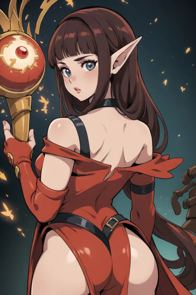 The picture shows a young woman with long brown hair, pointy ears, and blue eyes. She is wearing a red dress with a brown belt and brown boots. She is also wearing a brown glove on her right hand and a metal gauntlet on her left hand. She is holding a staff with a red orb on the end. She is standing in a dark place with a lot of yellow and orange lights in the background.