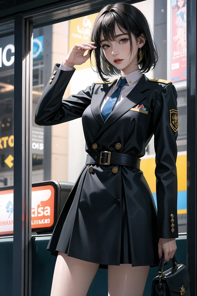 The picture shows a young woman standing in front of a door. She is wearing a black military-style dress with a white collar and a blue tie. She has short black hair and brown eyes. She is holding a black handbag in her right hand and has the other hand raised to her head in a salute.