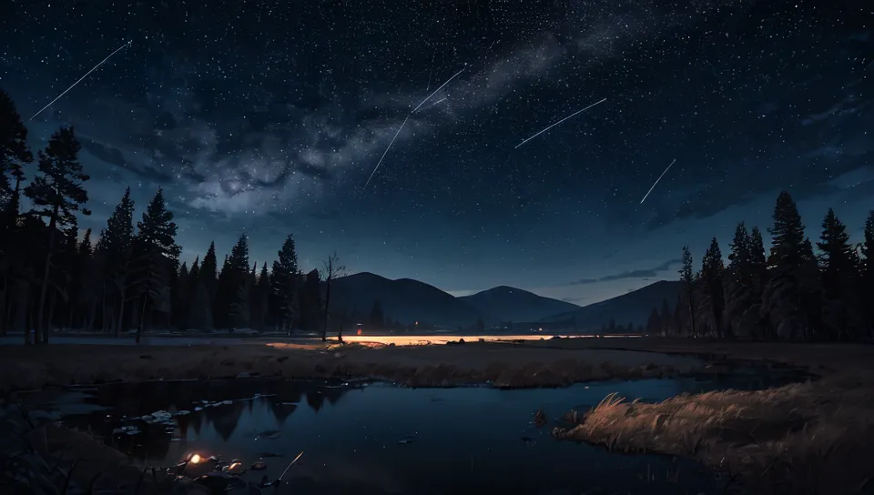 A imagem é uma bela paisagem de um lago e montanhas à noite. O céu está cheio de estrelas e há estrelas cadentes cruzando o céu. Há uma fogueira queimando na margem do lago e uma barraca montada atrás dela. Há árvores ao redor do lago e montanhas ao fundo. A água do lago está calma e tranquila. O céu está escuro e limpo. As estrelas são brilhantes e numerosas. As estrelas cadentes são rápidas e brilhantes. A fogueira é quente e convidativa. A barraca é aconchegante e convidativa. As árvores são altas e majestosas. As montanhas são ásperas e bonitas. O lago é pacífico e sereno. A imagem é de tranquilidade e beleza. É um lugar perfeito para relaxar e desfrutar das maravilhas da natureza.