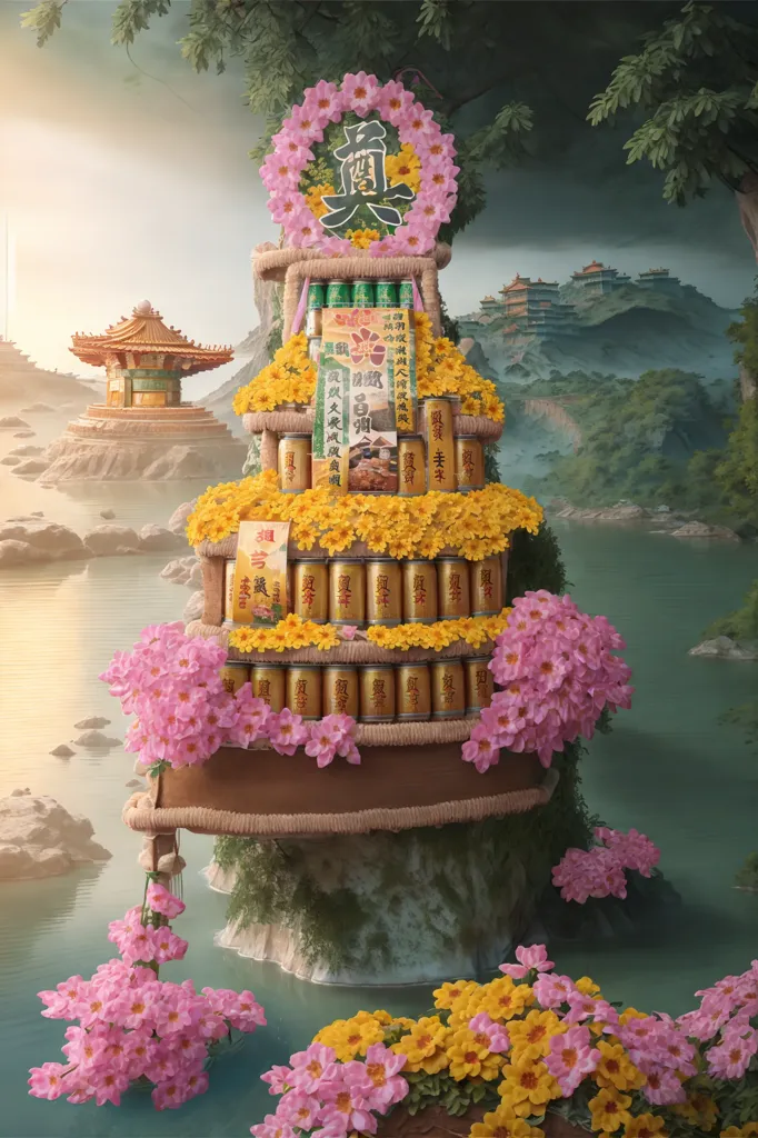 The image is a photo of an offering to the gods. It consists of a large stack of canned goods and other food items, decorated with pink and yellow flowers and topped with a large pink wreath with a longevity (longevity) symbol in the middle. The offering is set up on a table in front of a traditional Chinese temple. In the background, there is a lake and a mountain rang