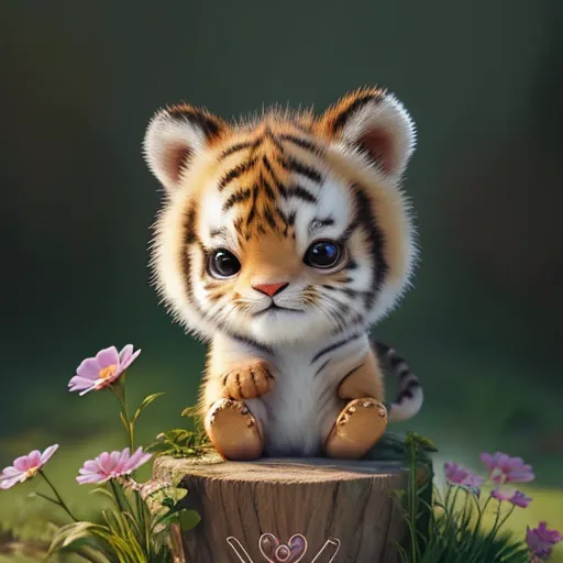 The image shows a baby tiger sitting on a tree stump. The tiger is looking at the viewer with its big, round eyes. It has a cute expression on its face. Its fur is orange and black, and it has a white belly. The background is a blur of green leaves. There are some pink flowers on the ground near the tiger. The tiger is sitting on a tree stump. The tree stump is brown and has a hole in it.