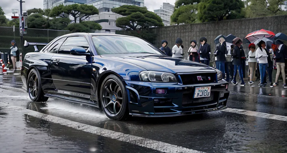 The image shows a blue Nissan Skyline GT-R R34. It is parked on a wet road with people standing on the left side of the car, all holding umbrellas. The car is modified with a large rear wing, aftermarket wheels, and a front splitter.