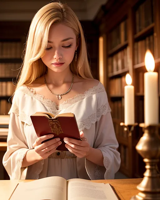 La imagen muestra a una hermosa mujer joven con cabello rubio largo sentada en un escritorio en una biblioteca. Lleva un vestido blanco con escote de corazón y mangas de encaje. La mujer está leyendo un libro y tiene una expresión pensativa en su rostro. Hay dos velas sobre el escritorio y una gran estantería de libros en el fondo. La imagen es cálida e invitadora, y captura la belleza de una mujer perdida en sus pensamientos.