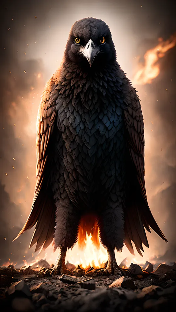 The image is a dark, realistic painting of an eagle with its wings spread wide. The eagle is standing on a rock in front of a fiery background. The eagle's feathers are black and its eyes are yellow. The painting is very detailed and the eagle's feathers are especially well-rendered. The background is a dark, stormy sky with clouds and a mountain range in the distance. The painting is very dramatic and has a sense of foreboding.