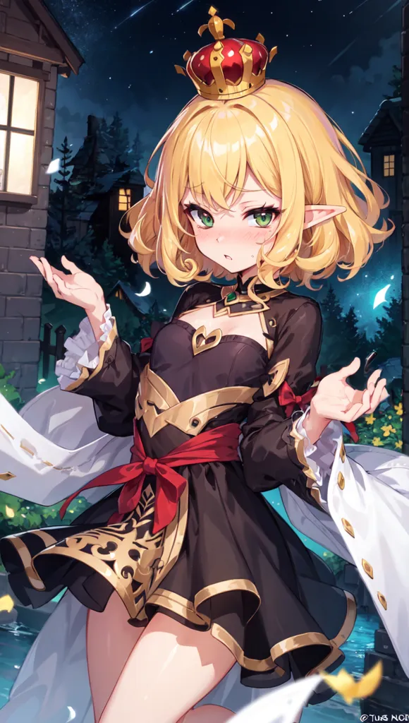 The image shows a girl with short blonde hair and green eyes. She is wearing a black and gold dress with a red sash. She is also wearing a gold crown. She is standing in a forest at night. There are houses in the background. The girl is looking at the viewer with a surprised expression on her face.