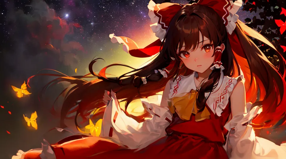 The image is a painting of a young girl with long brown hair and red eyes. She is wearing a red and white dress with a yellow bow in her hair. She is sitting in a field of yellow flowers with a large tree behind her. The sky is dark and there are stars in the sky. The girl is looking at the viewer with a sad expression on her face.