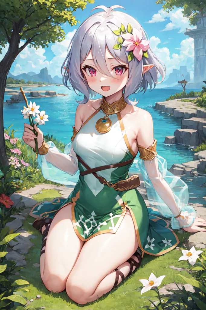 The image shows an anime-style elf girl with silver hair and purple eyes. She is wearing a green and white dress with a brown belt and white boots. She is sitting on the grass in a forest clearing, and there are flowers in her hair and around her. She is smiling and holding a flower in her right hand. The background is a blue sky with white clouds, and there is a large body of water in the distance.