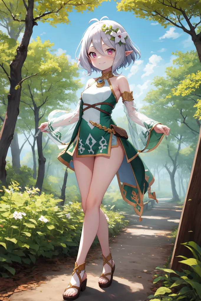 The image is a depiction of a young woman with white hair and purple eyes. She is wearing a green and white dress with a white flower in her hair. She is standing in a forest, surrounded by trees and flowers. She is smiling and looks happy.