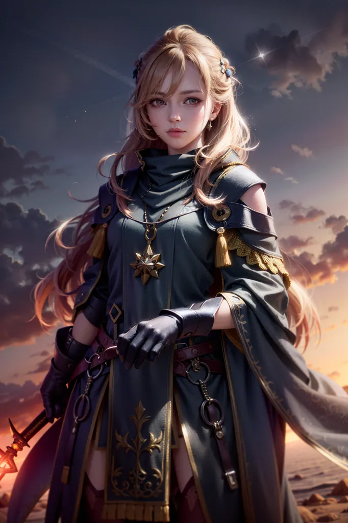 The image is of a beautiful young woman with long blond hair and blue eyes. She is wearing a blue and gold outfit and a necklace with a star-shaped pendant. She is also wearing a sword on her hip. She is standing in a field of flowers, with a large tree in the background. The sun is shining brightly, and there are clouds in the sky.