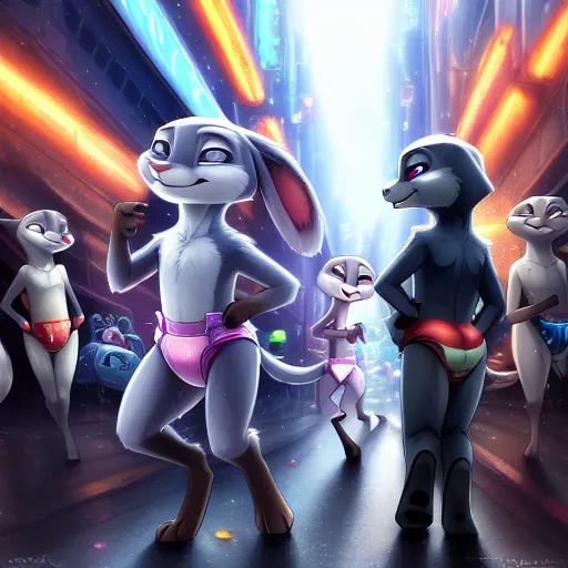 The image shows a group of cartoon animals in a city street with bright lights. The animals are all wearing diapers. There is a rabbit, a fox, a mouse, and a few other animals. The rabbit is in the front and is smiling. The fox is behind the rabbit and is looking at the rabbit. The mouse is on the left side of the rabbit and is looking at the camera. The other animals are in the background and are not as clear.