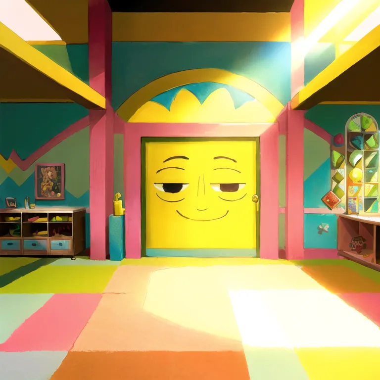 The image is a cartoonish depiction of a room. The room has a yellow door with a smiley face on it, and the walls are painted in bright colors. There are two windows on the right side of the room, and there is a shelf on the left side of the room. The floor is covered in colorful tiles.