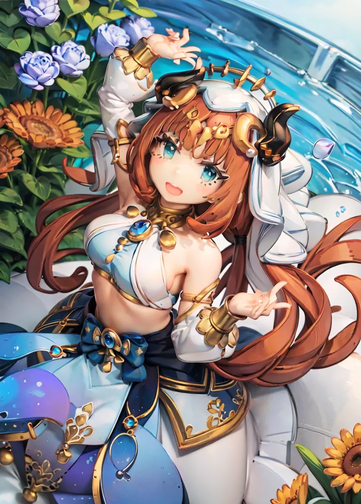 The image is of a young woman with long brown hair and blue eyes. She is wearing a white and blue outfit with a midriff. She is also wearing a headdress with horns. She is sitting on a white object in a pool of water, and there are flowers and plants around her. There is also a small waterfall in the background. The background is a light blue color. The image is drawn in an anime style.