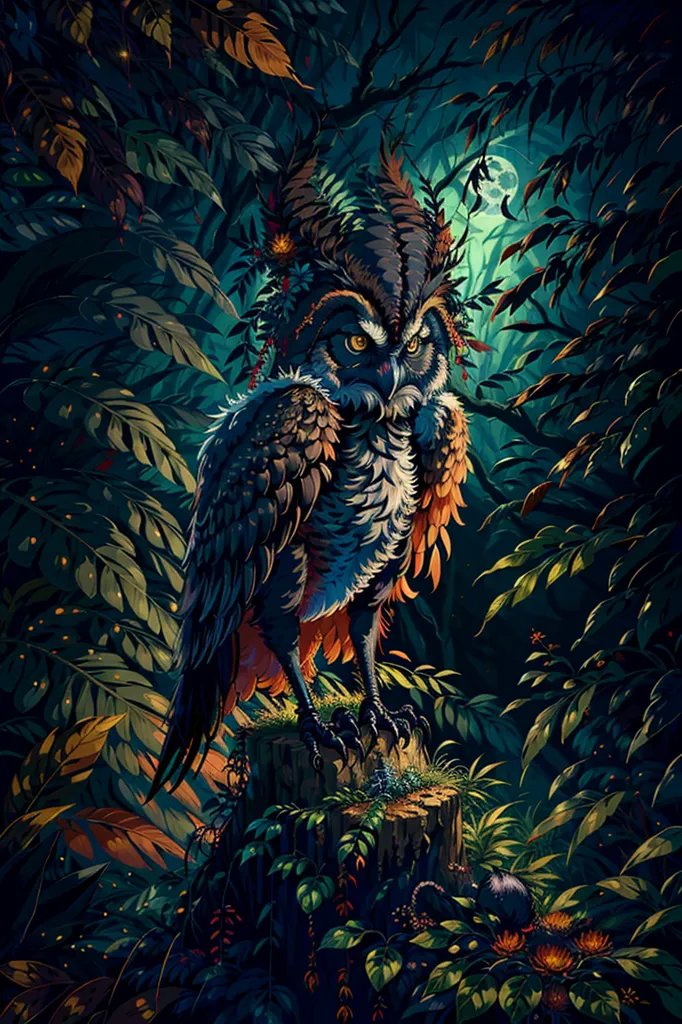 This image is of an owl with black, brown, and orange feathers. It is standing on a tree stump in a forest. The owl is looking at the viewer with its big, yellow eyes. The forest is full of green leaves and there is a full moon in the background. The owl is very detailed and looks very realistic.